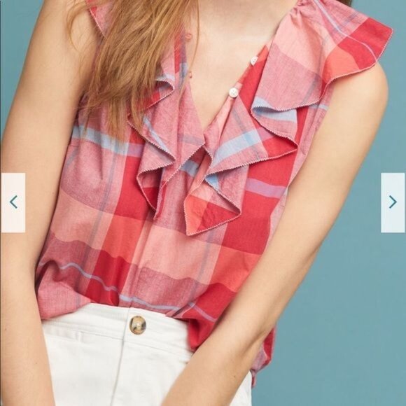 Anthropologie Isabella Sinclair Ruffled Top Shirt Sz M Pink Checkered Sleeveless - Picture 4 of 7